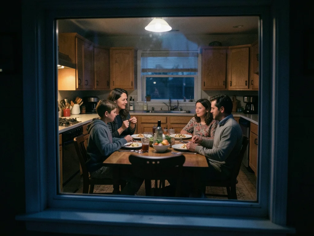 Kitchen at night through a window, family dinner frozen mid-motion, warm interio