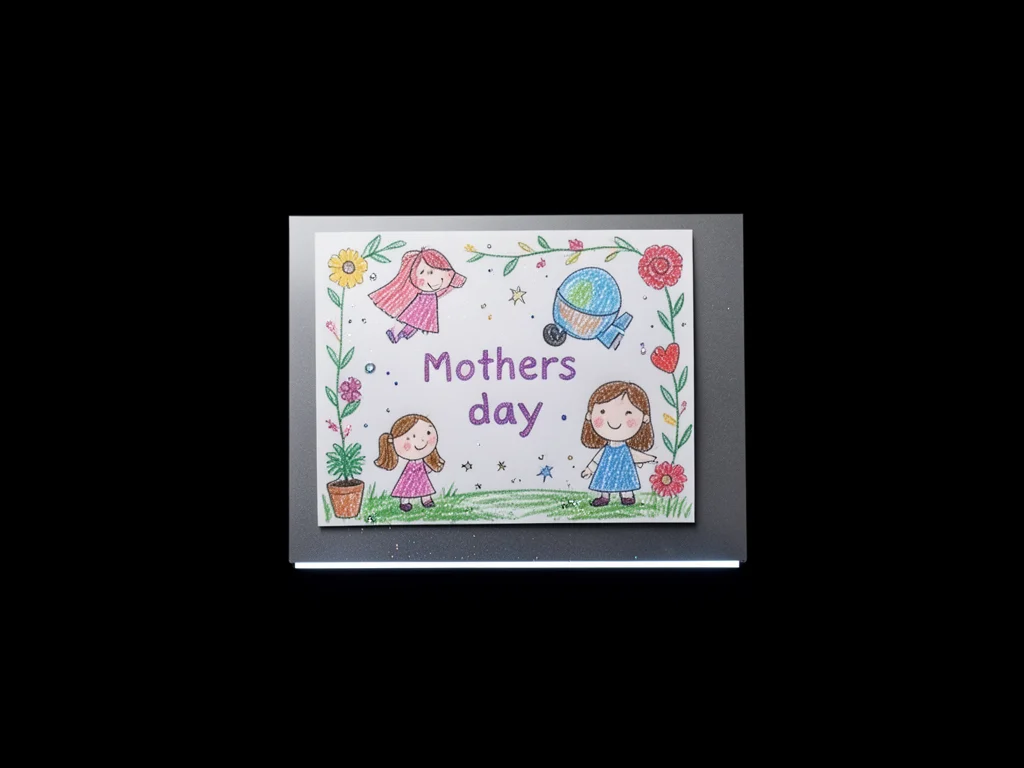 Scanner capture of child's handmade mothers day card, crayon drawings, glitter