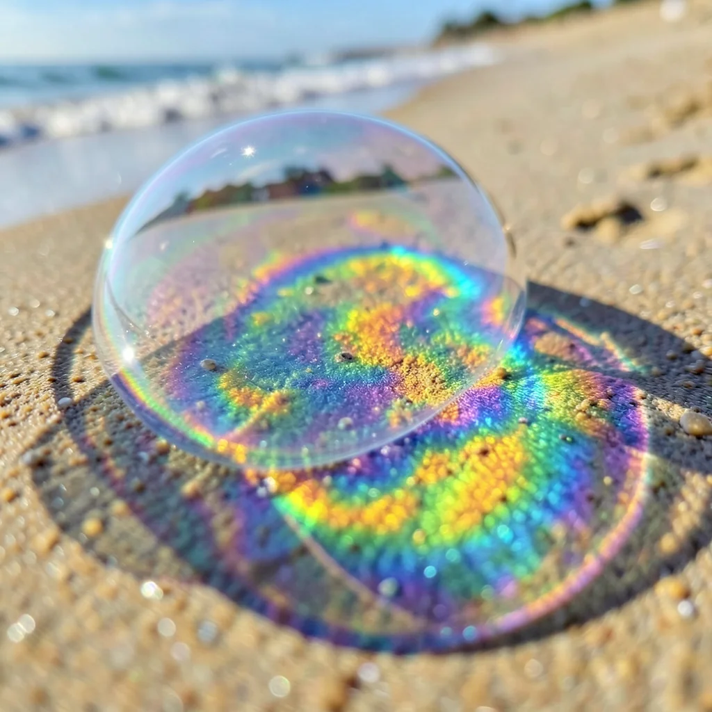 Soap bubble reflecting beach scene, thin-film interference rainbow