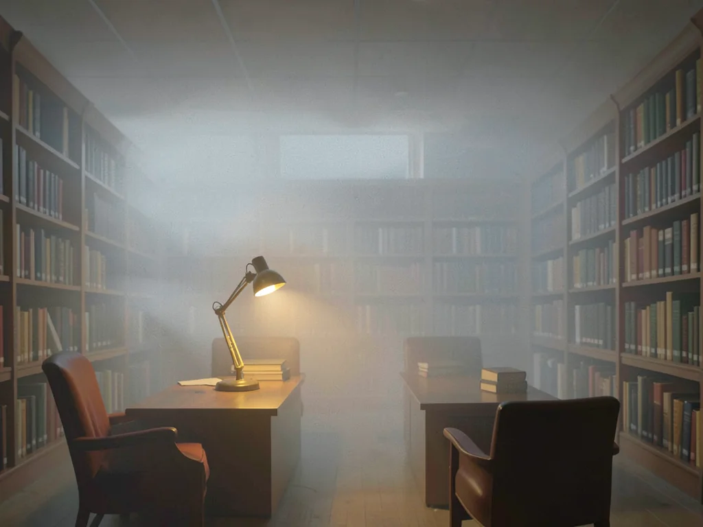 Library reading room with shrouded furniture, single warm desk lamp the lone col