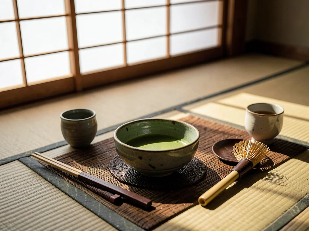 Complete tea setting three-quarter view on tatami