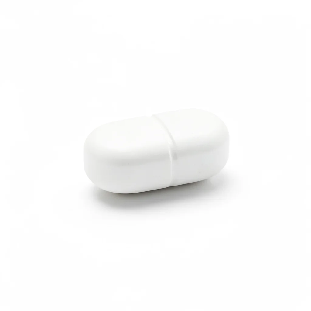 Single white pill on white background, pharmaceutical perfection, shadow suggest