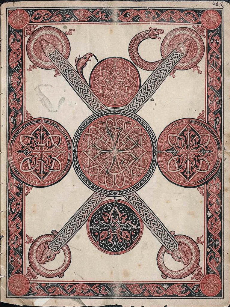 Cross-carpet page — knotwork roundels at four arms and center, iron gall red and