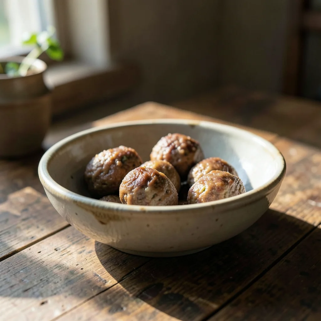 Wabi-sabi ceramic bowl holding Swedish meatballs, rustic table, afternoon light