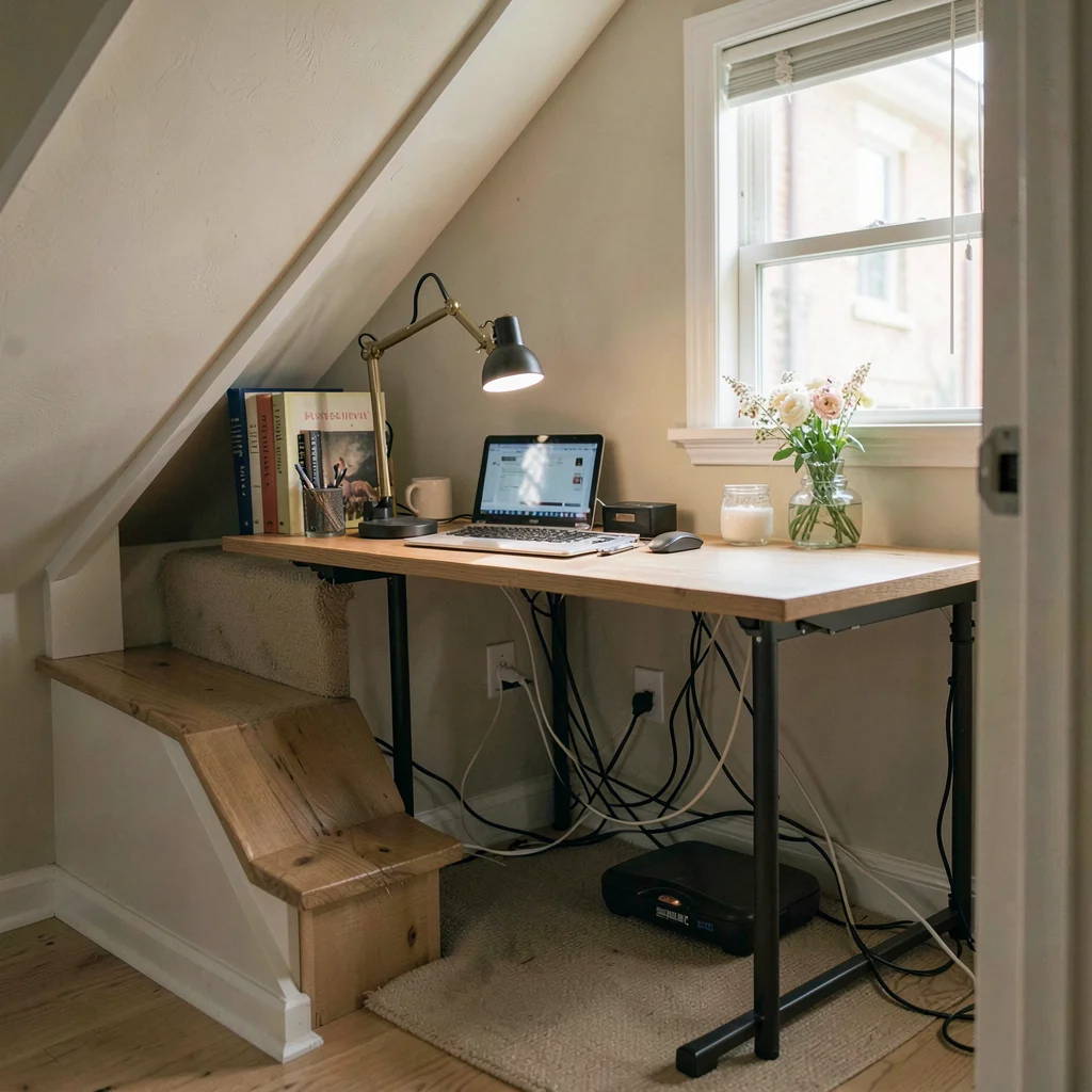 Documentary photograph, Home office nook under stairs, compact desk setup with g