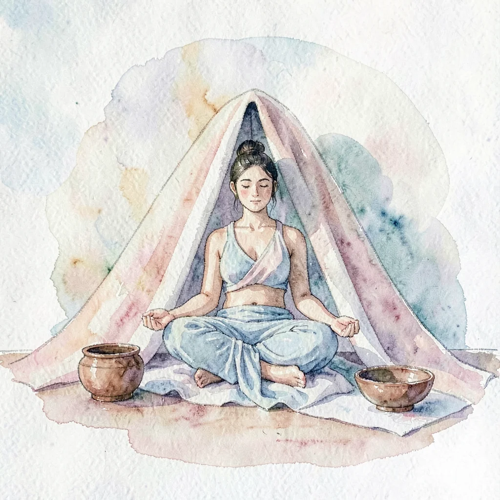 atmospheric watercolor of a meditator reclined under a soft blanket with bowls b