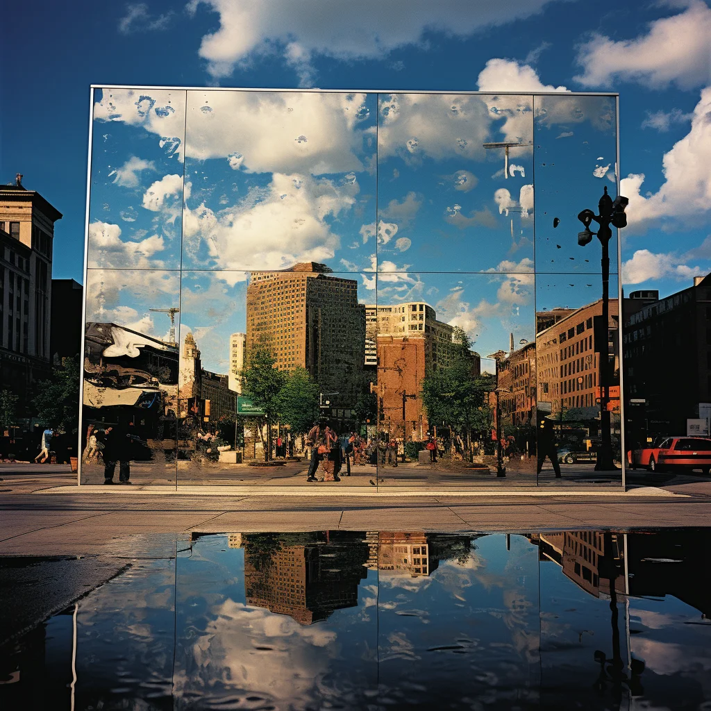 Photo In a bustling city square a tall mirror reflect