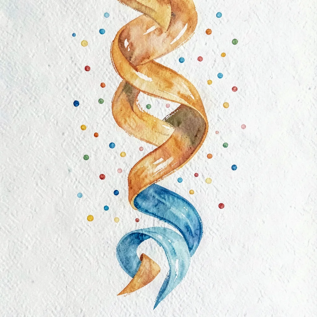 Vertical gouache of a ribbon descending in elegant curls