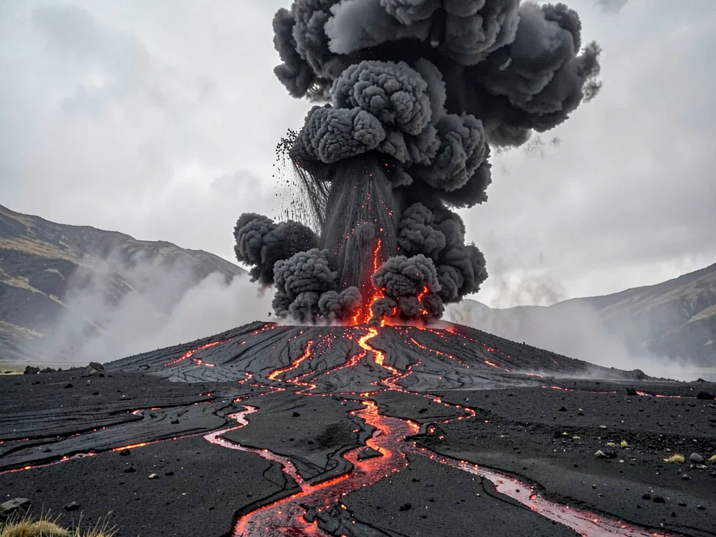 Lava fountain feeding ash column
