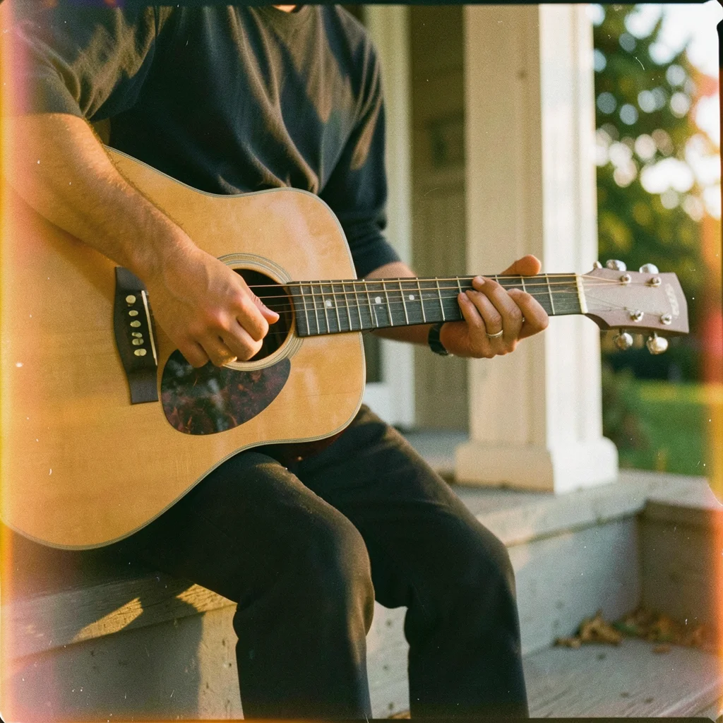 Someone playing acoustic guitar on a porch step, only hands and guitar visible, 