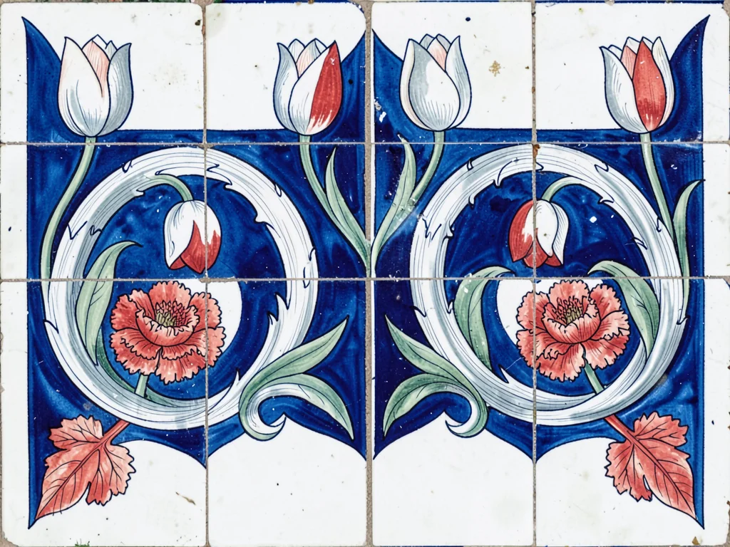 Border frieze detail — rolling wave of tulip buds and leaves, white on cobalt