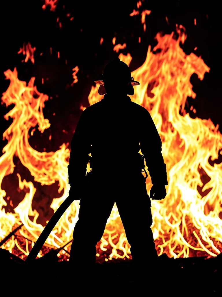Firefighter silhouette against flames
