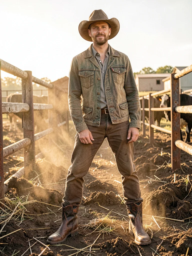 Balenciaga boots in cattle feedlot mud, manure and luxury, ranch morning light