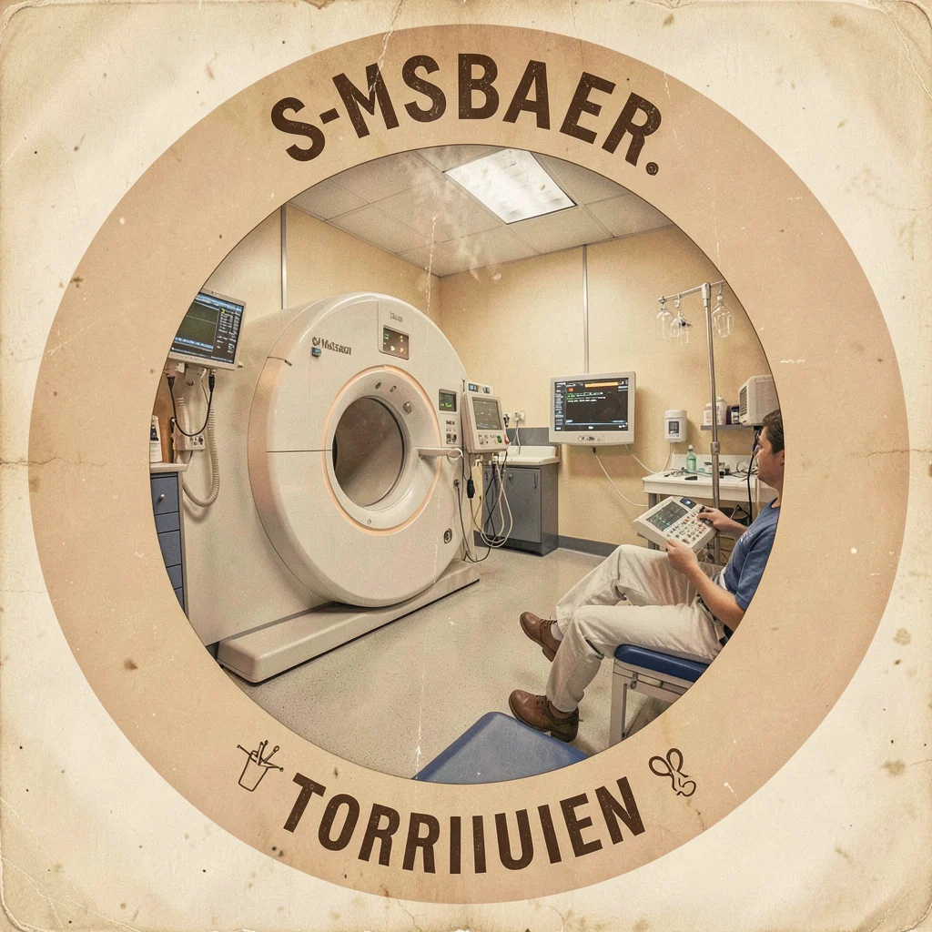 MRI machine and hospital scanning room as retro medical tourism slide