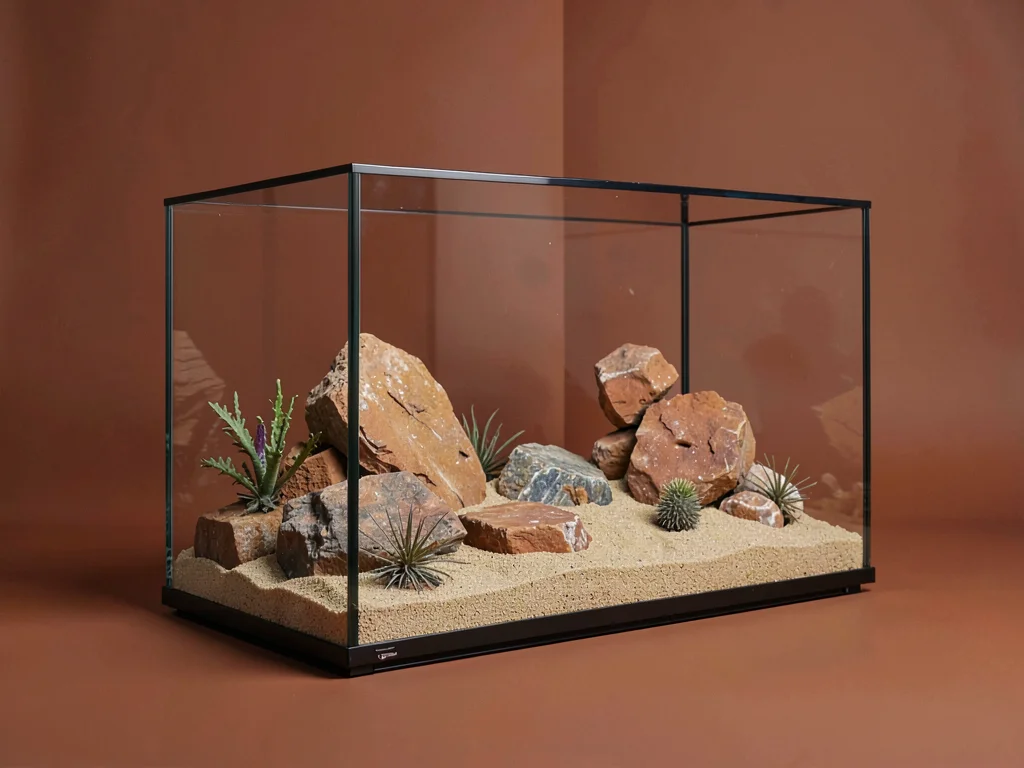 Catalog shot of a desert-style vivarium on a deep terracotta color-block, fine s