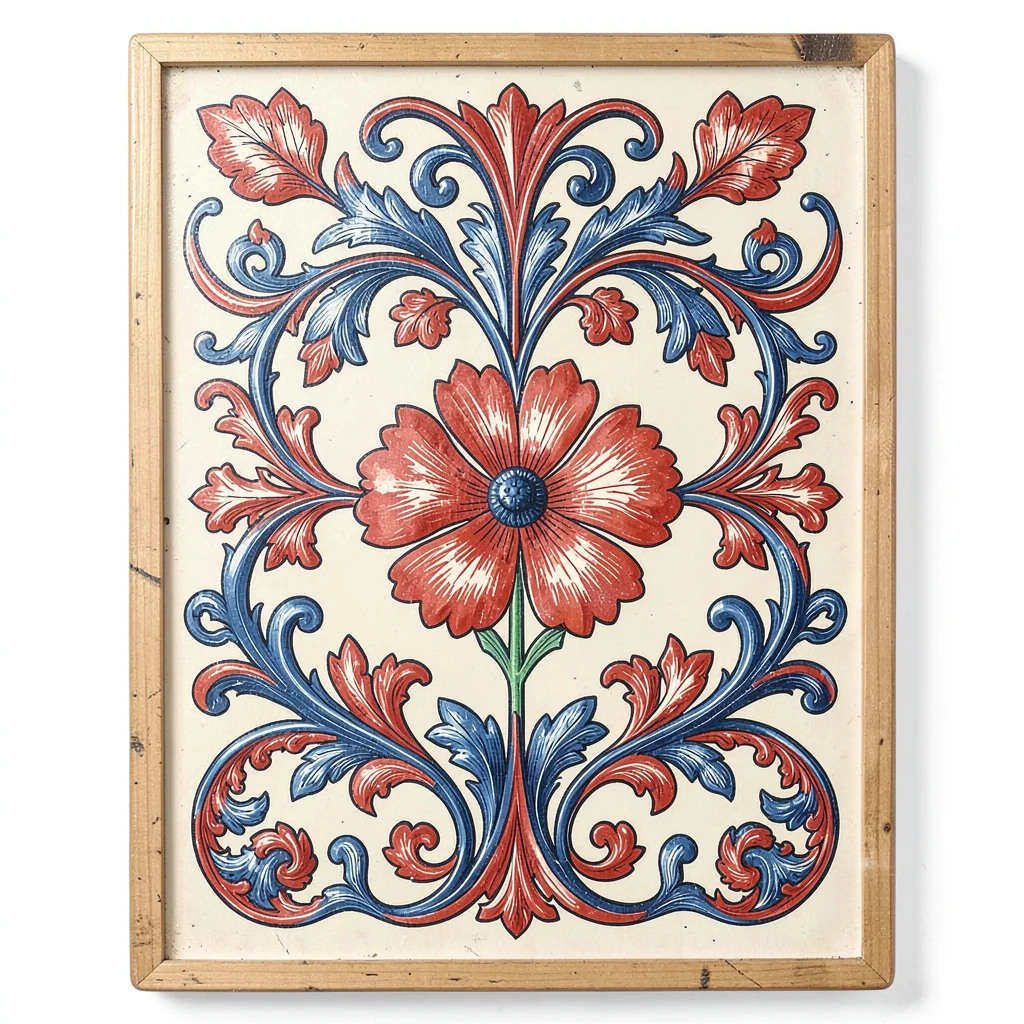 Scandinavian rosemaling illustration, scrolling leaves surrounding a central flo