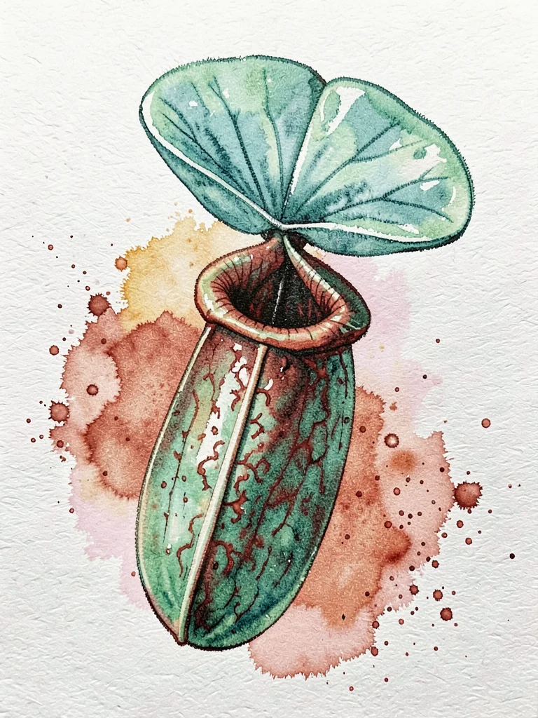 Close-up of a pitcher plant — the tubular trap shape with hooded lid, in jade an