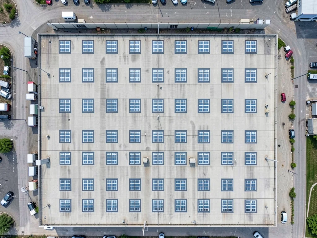 Industrial warehouse roof, skylights in perfect grid pattern