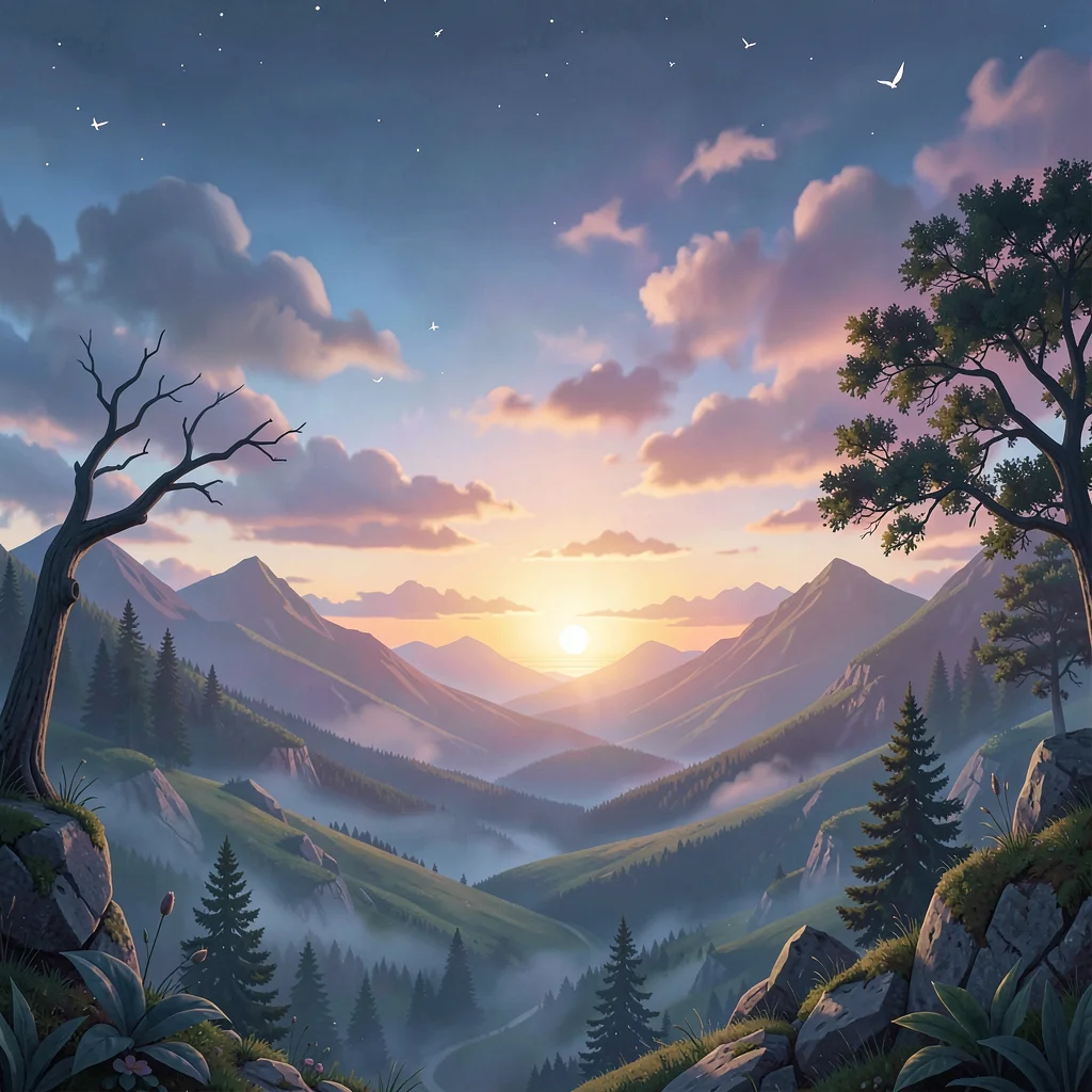 Neural network style illustration, landscape merging day and night , diffusion m