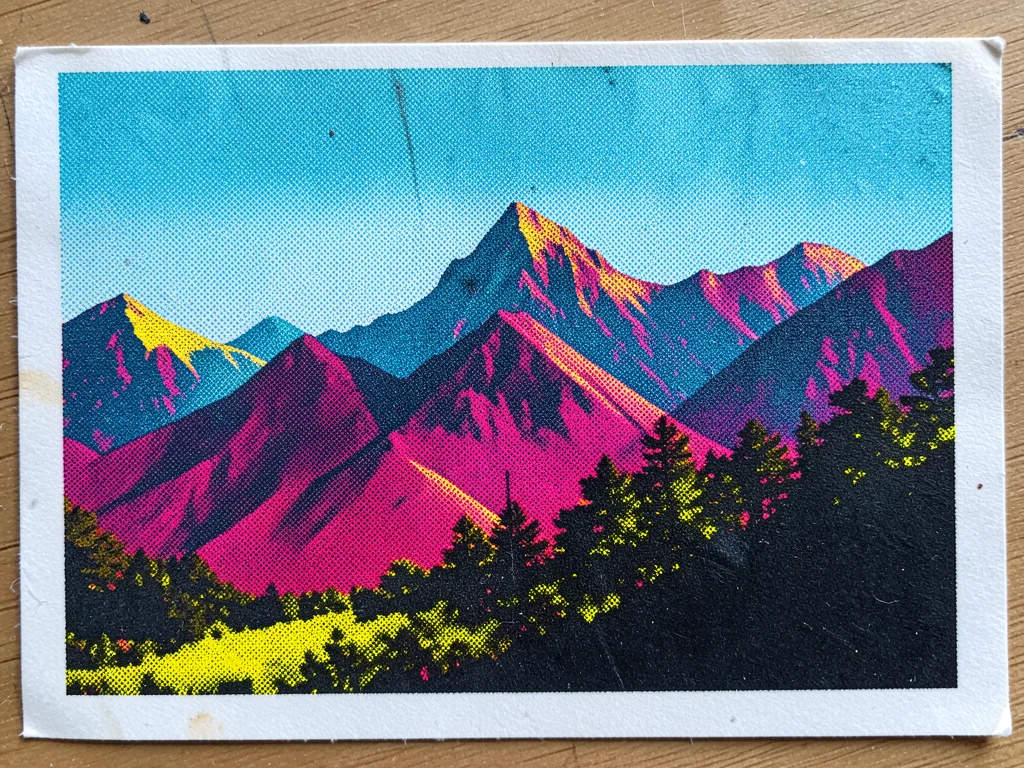 Three-color screenprint of mountain landscape on chipboard, coarse halftone maki