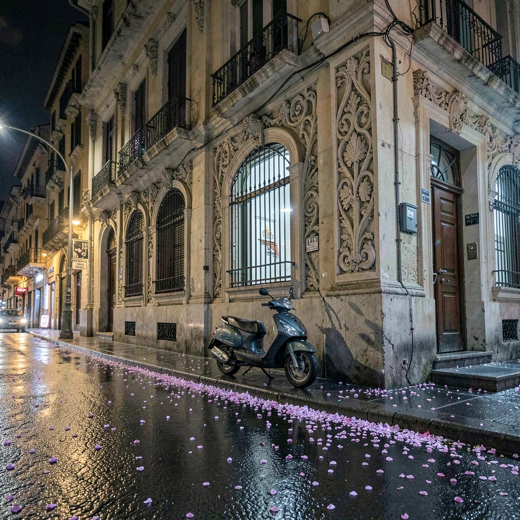 Roma Norte street at midnight, jacaranda petals scattered on wet pavement, a lon
