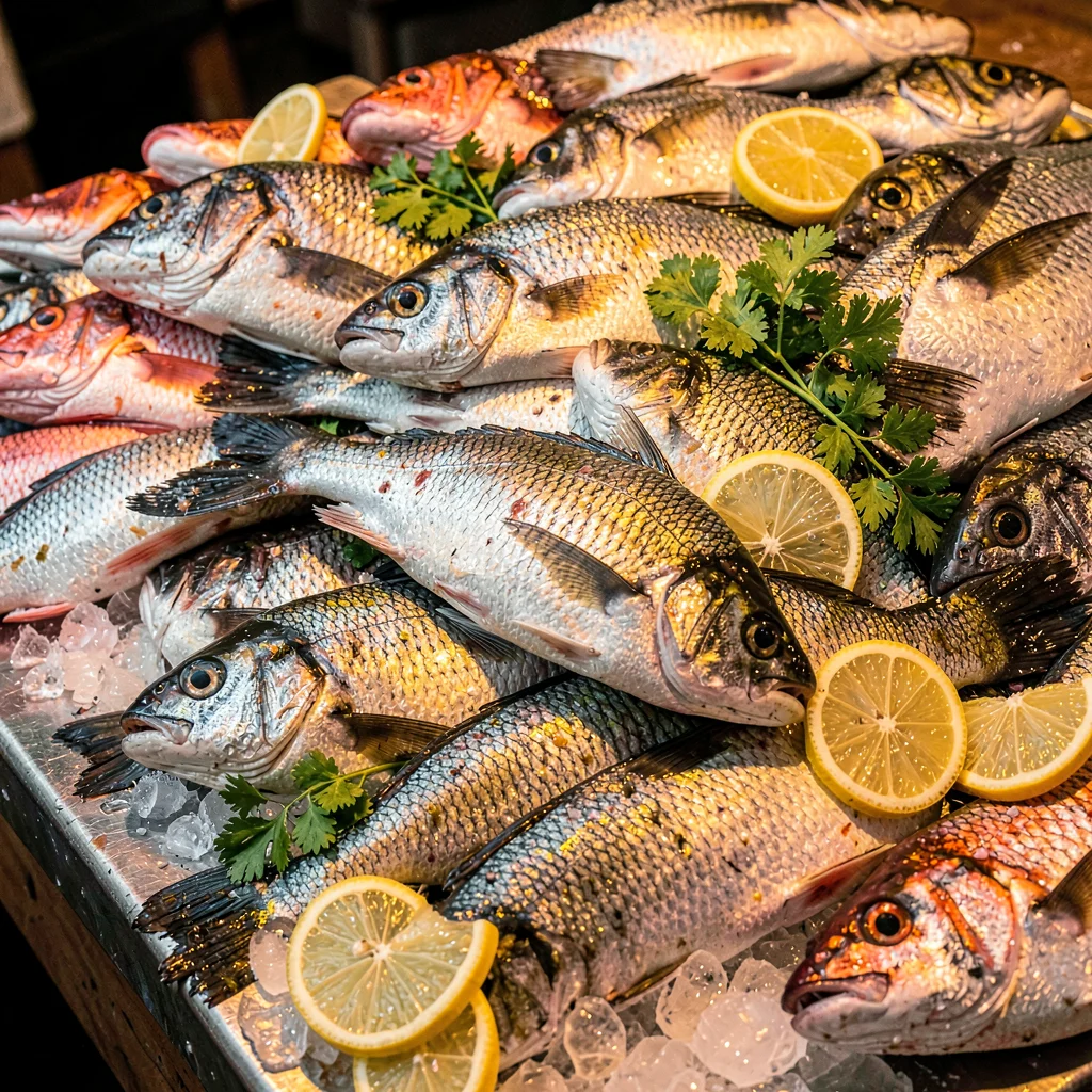Densely layered composition, rich saturated colors, Fish market ice table with w