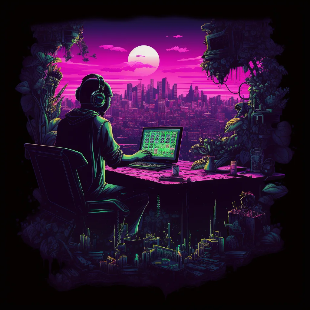 Black T-shirt print WFH setup viewed higher angle dis