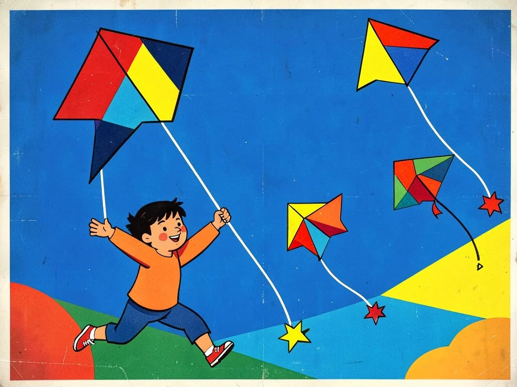 Children flying geometric kites