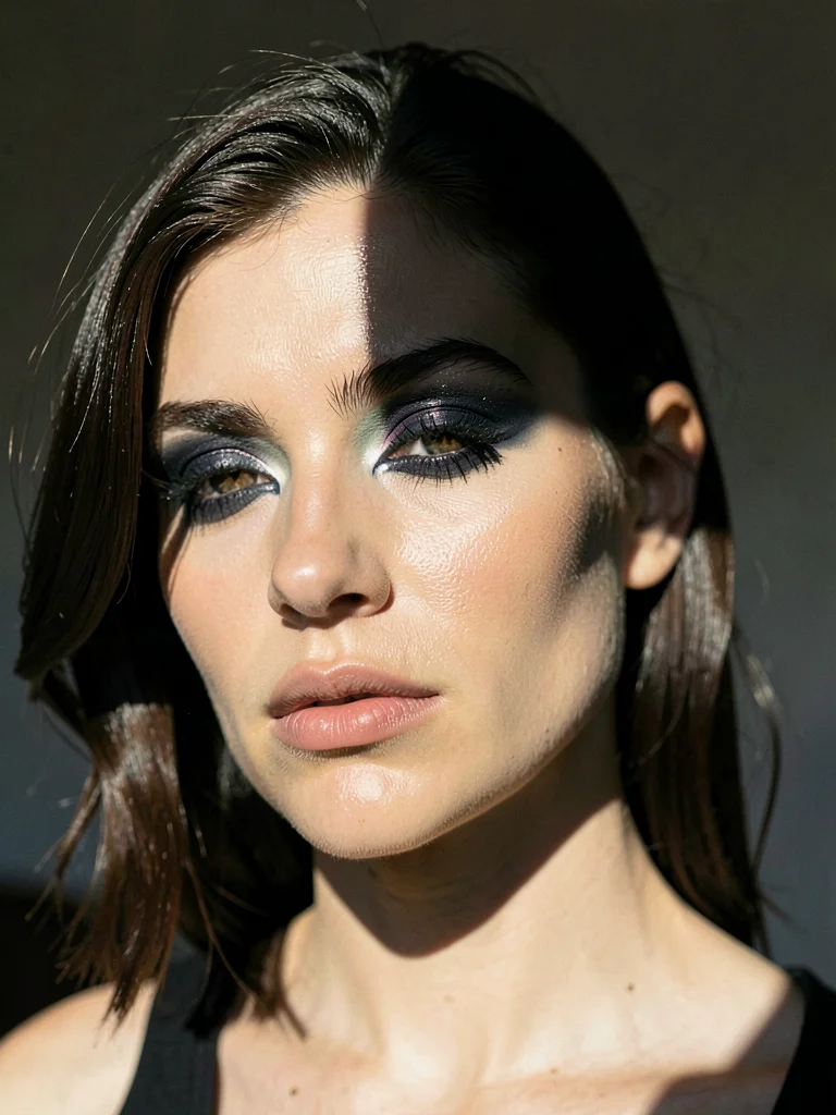 Portrait with raccoon eye shadows from high noon sun