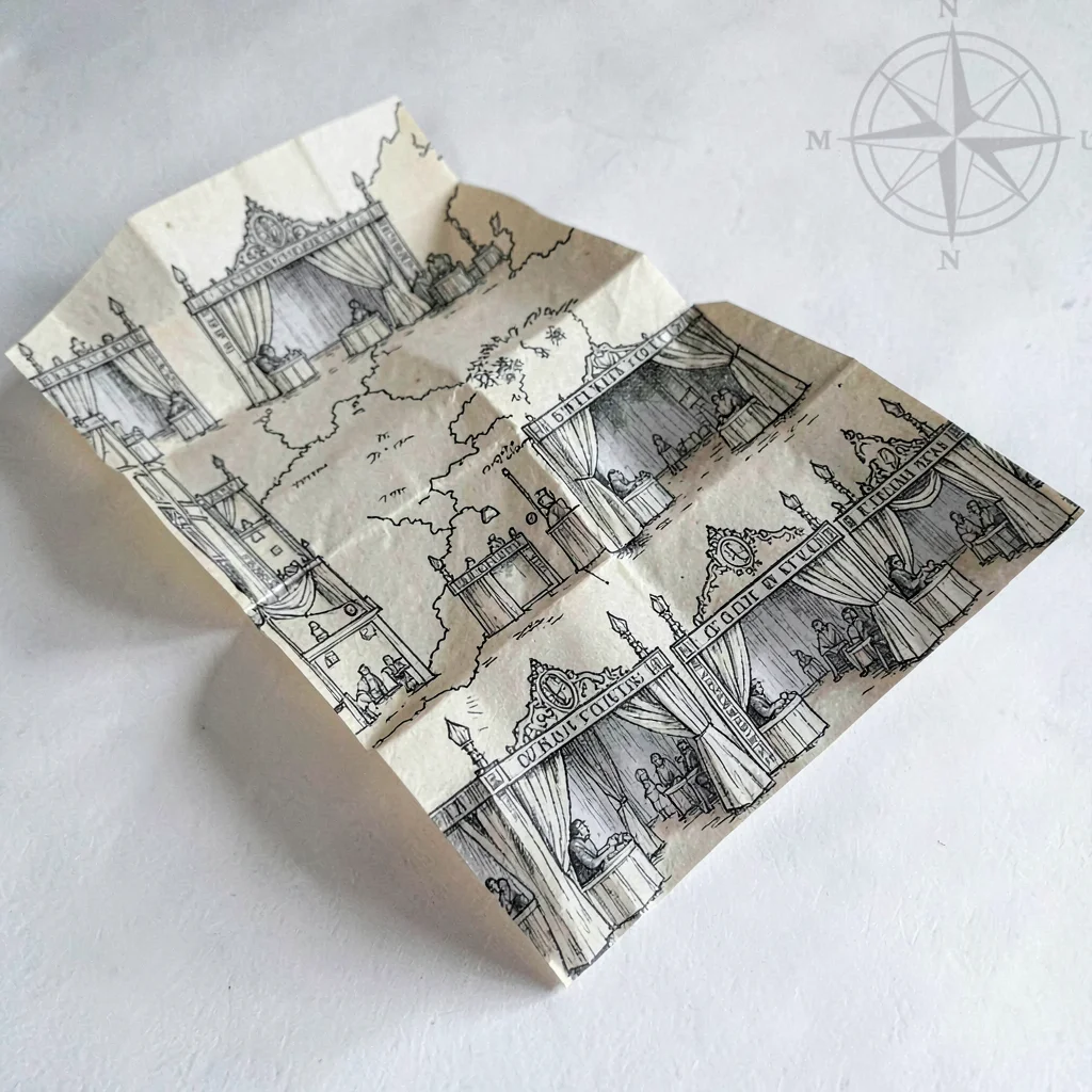 Folded paper con-map prop unfolding across the frame, illustrated booths and sta