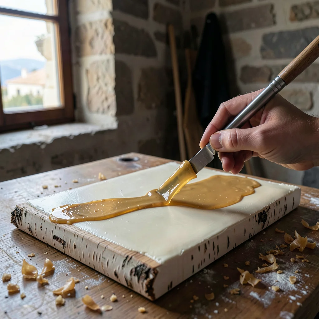 Warm encaustic painting studio on a Greek island, intimate and close, Mediterran