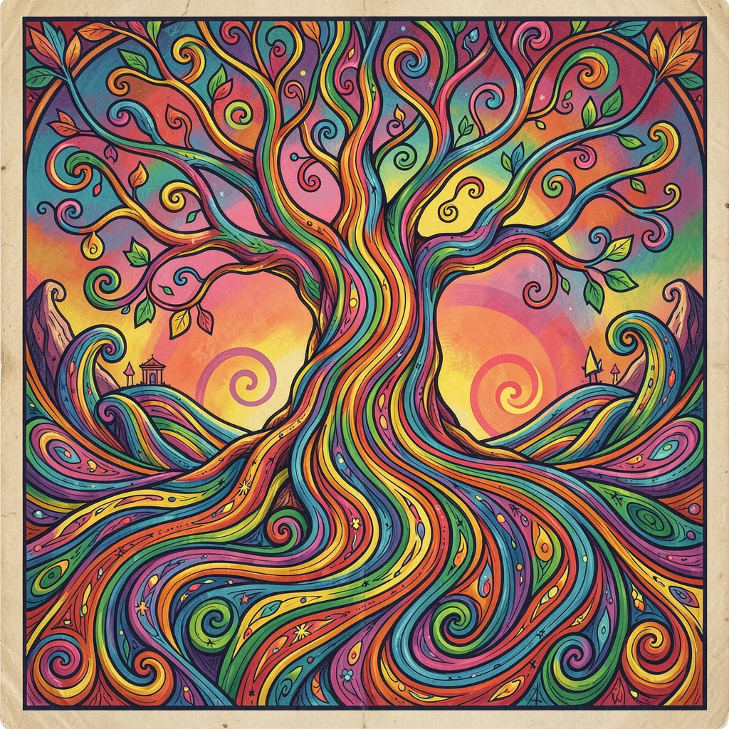 Psychedelic poster illustration, a tree with branches becoming flowing rivers , 