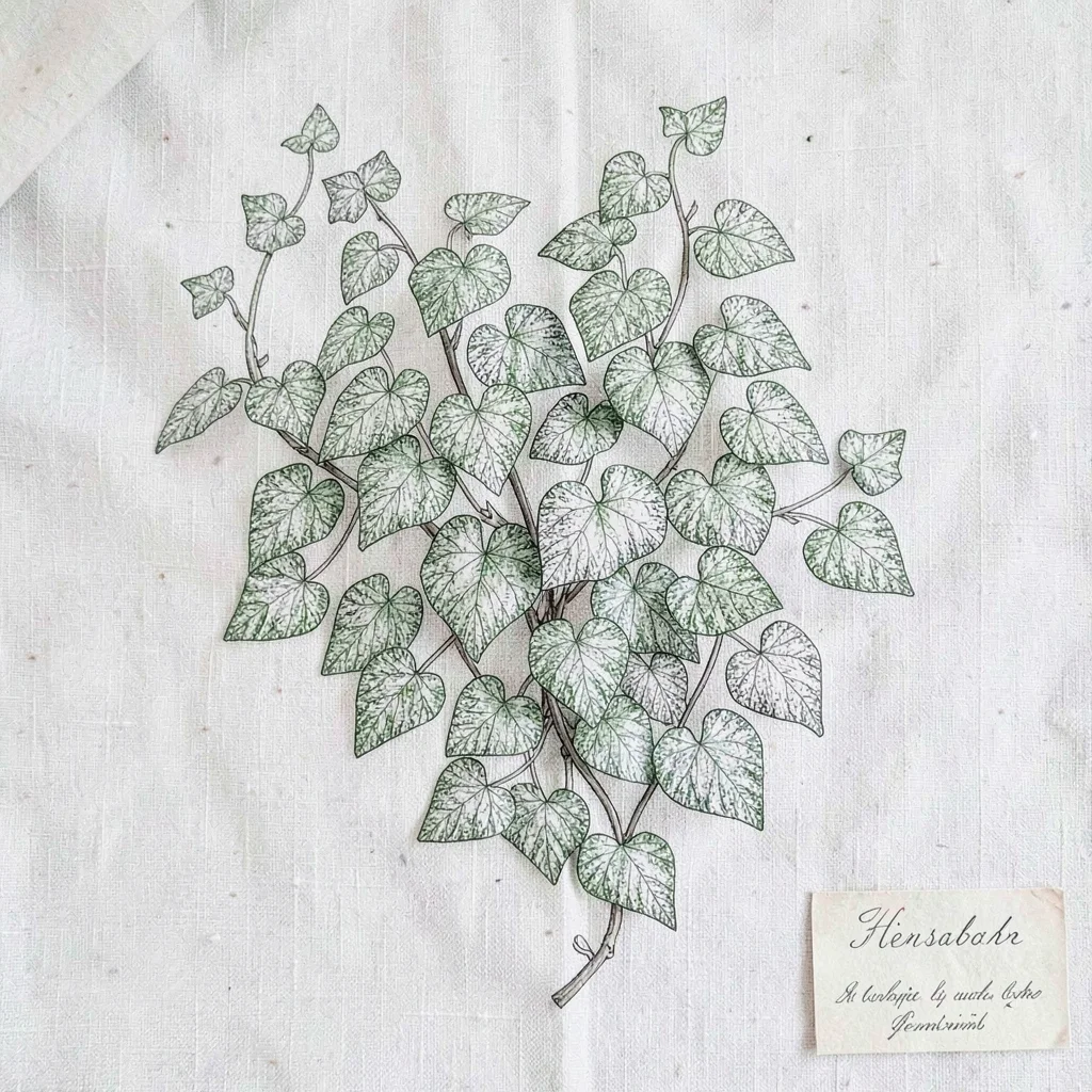 Fineline cluster of climbing ivy with each leaf carefully stippled, pale linen b