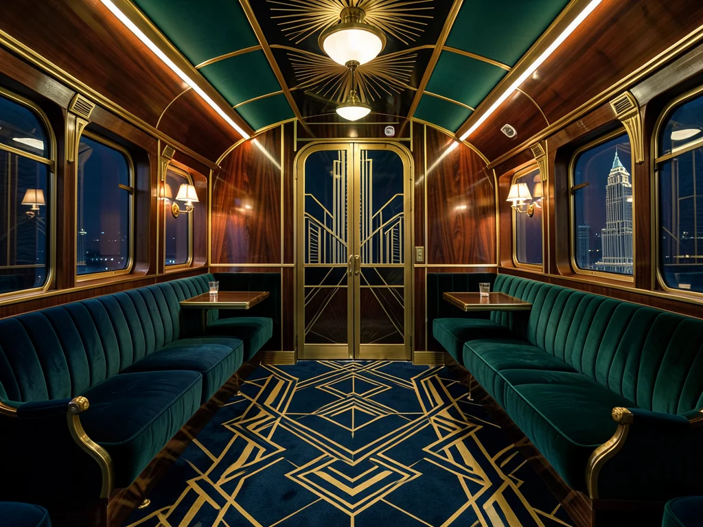 A luxury train compartment in Deco style: curved wood panels, brass fittings, ve