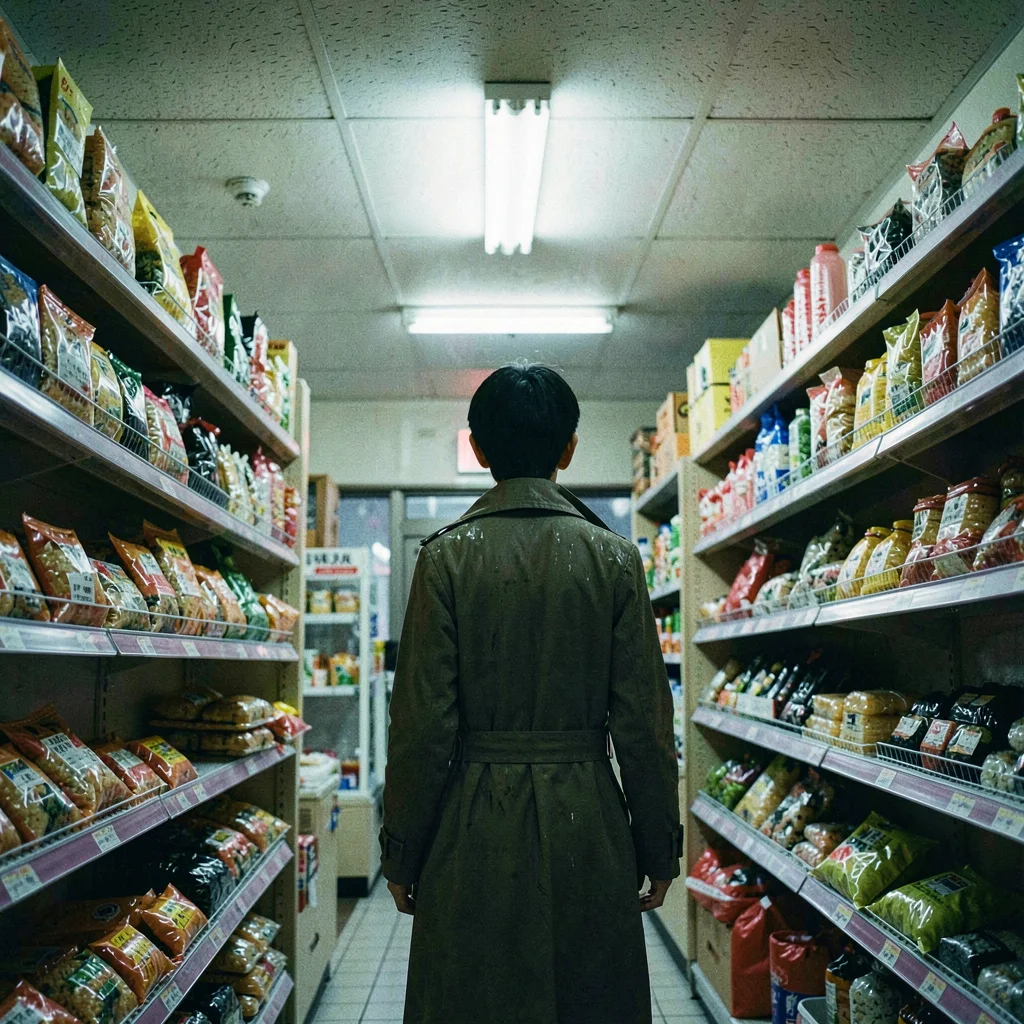 Convenience-store interior at 2am, fluorescent ceiling humming over packaged oni