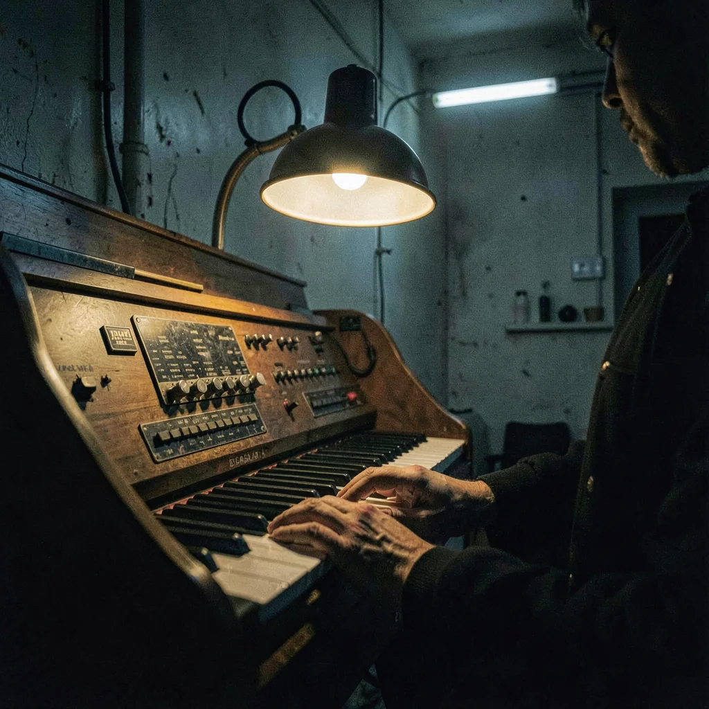 Late-night detail of a Hammond organ console glowing under a hooded lamp, hands 