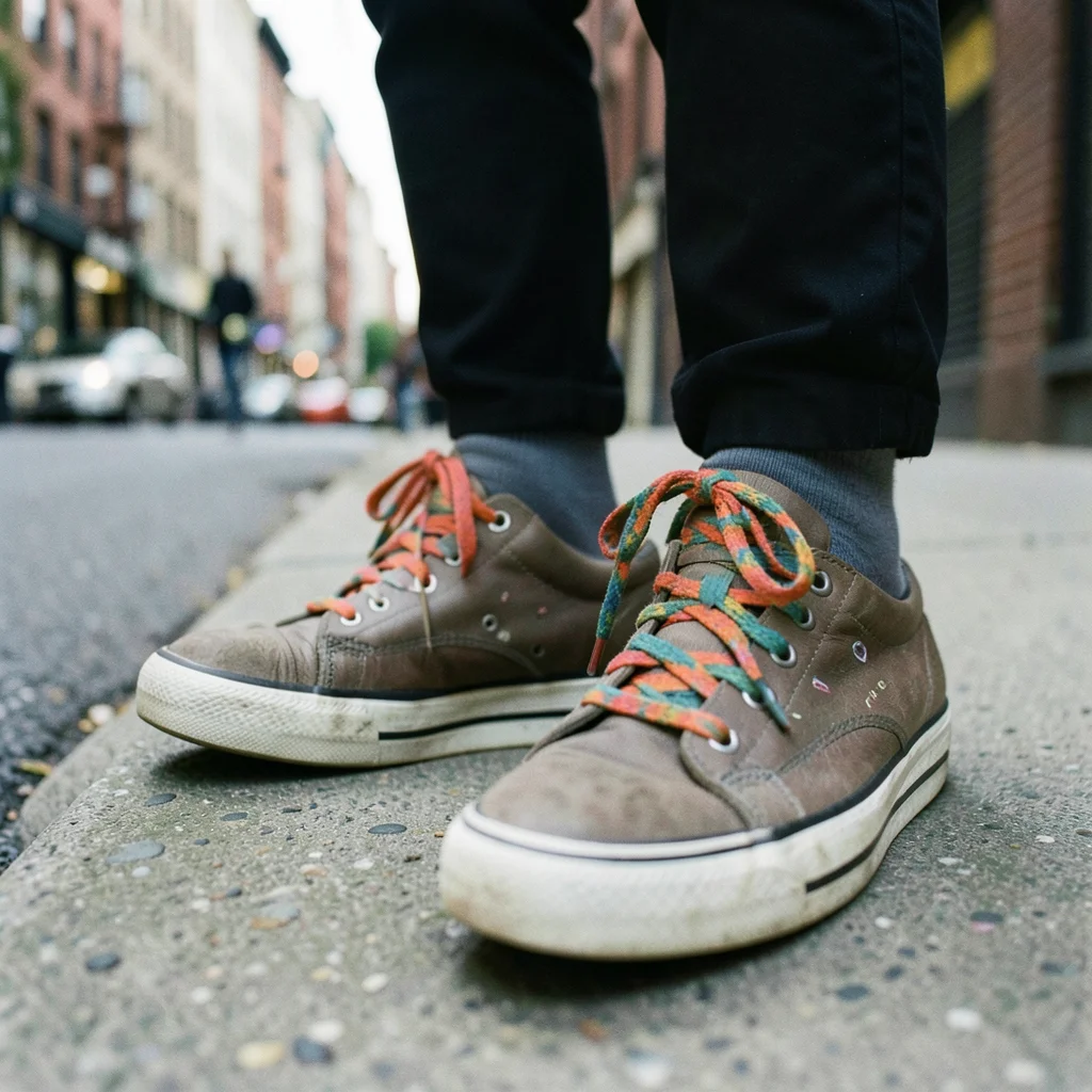 Close-up of custom sneakers on concrete, colorful laces, urban setting