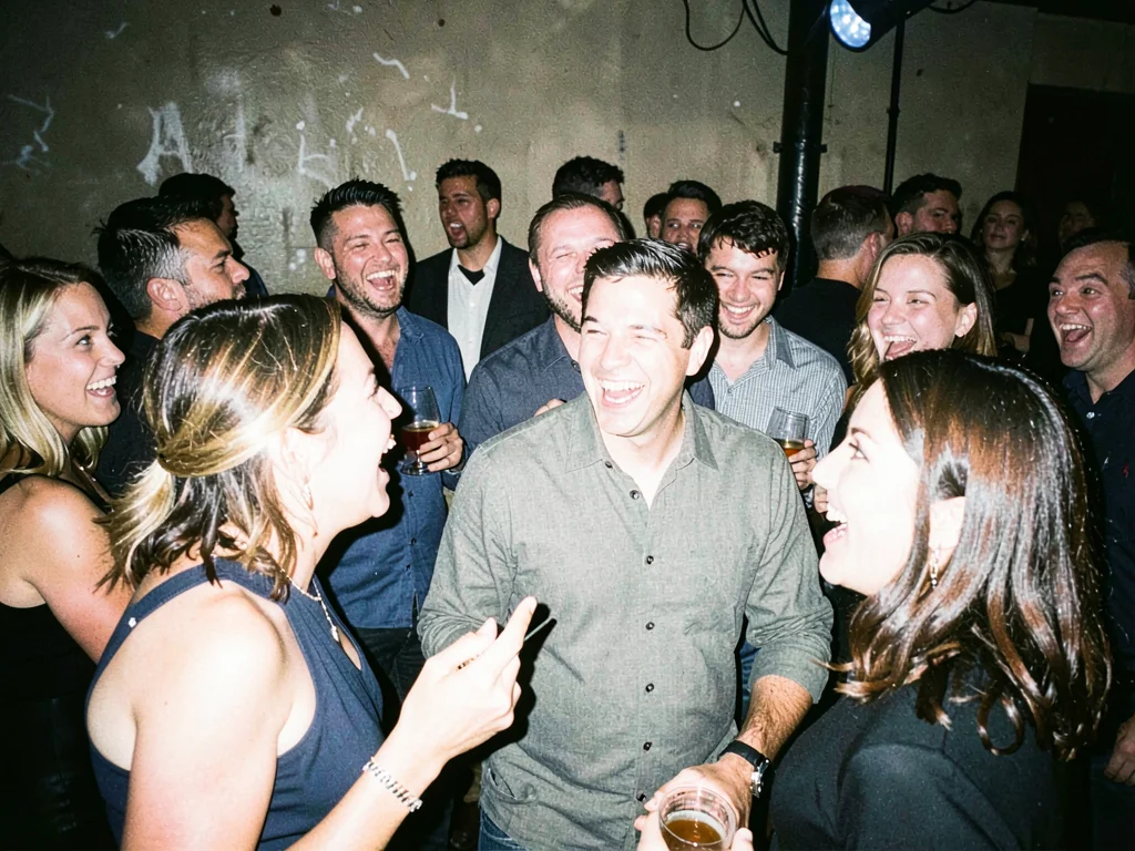 Party guests mid-laugh at crowded bar
