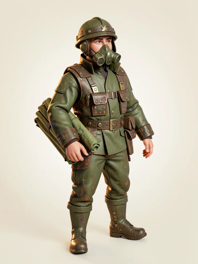 Cradling a folded stretcher under one arm, the medic surveys an unseen field, ga