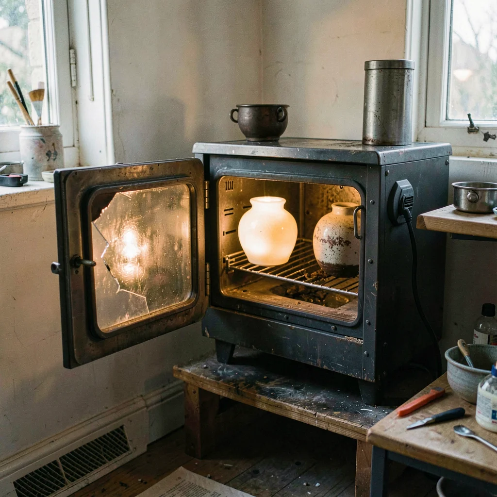 Workshop corner with annealing oven door cracked open, finished vases inside glo