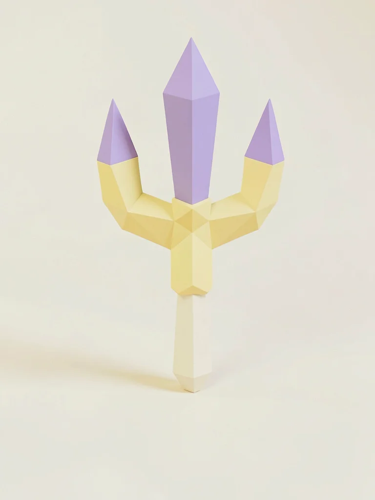 Three-pronged butter-yellow lowpoly trident with triangulated lavender prongs an