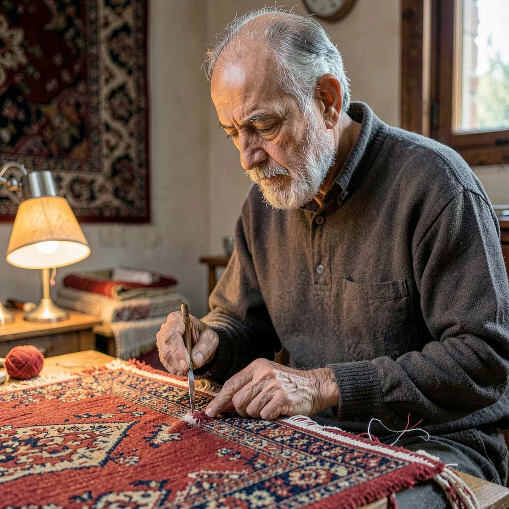 A focused Iranian carpet-weaver in his fifties cutting a row with a small hooked