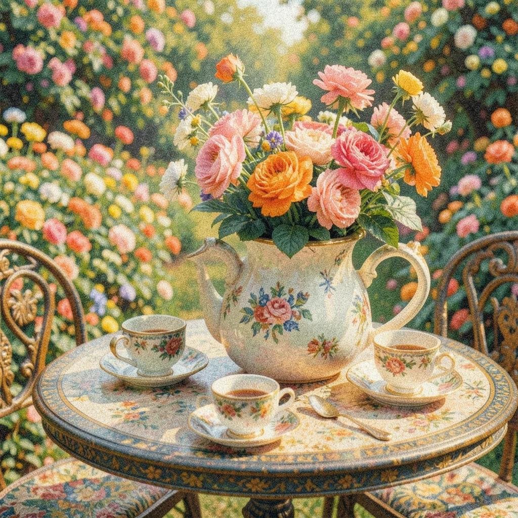 A garden table set for afternoon tea with a jug of cut flowers from the garden a