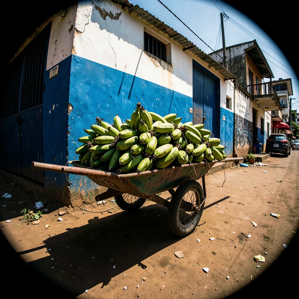 Harsh equatorial noon light casting deep shadows, Wheelbarrow piled with plantai