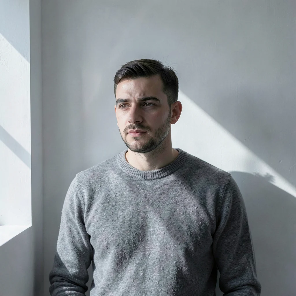Stark Baltic minimalism, contemplative mood, Portrait of software developer in g