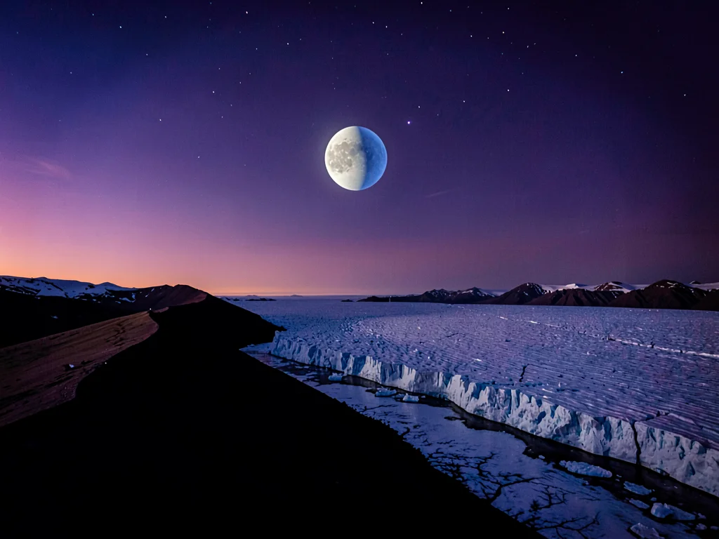 Venus visible against deep purple evening sky over glacier