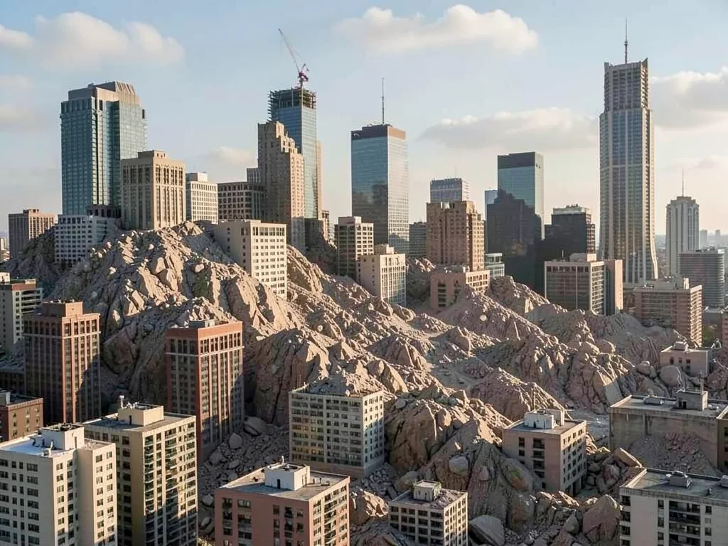 City skyline with buildings pixel-sorted into avalanche, urban stability reveale