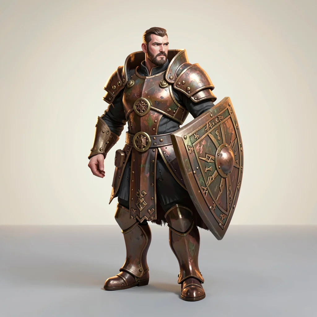 Game character tile of a heavy-armored paladin with a runed shield, three-quarte