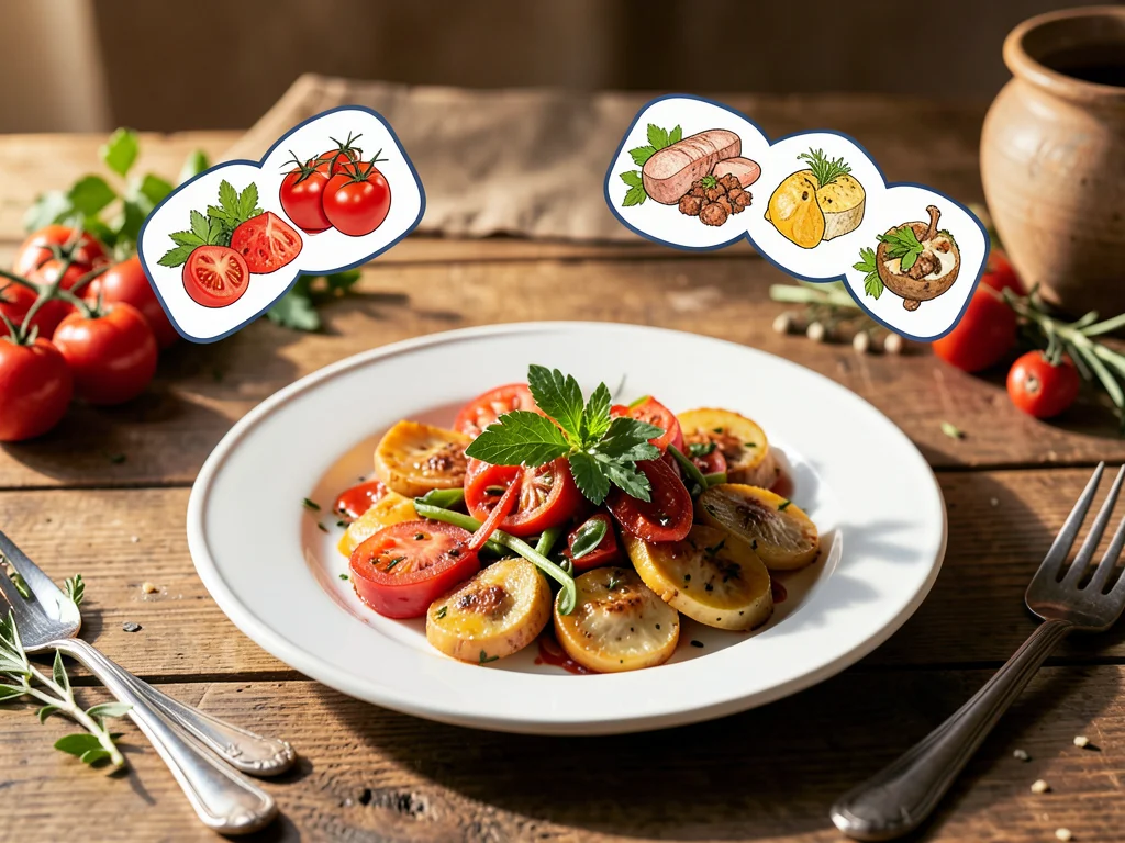 Plated dish photo with ingredient illustration breakdown floating around plate