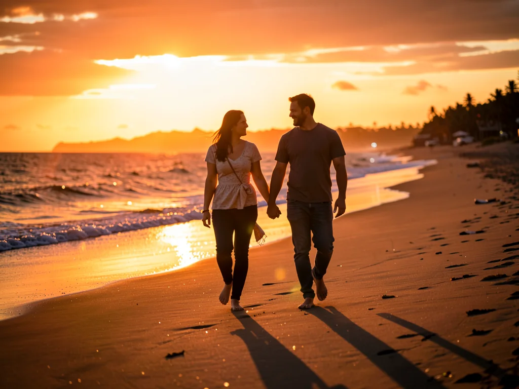 Couple walking beach at sunset